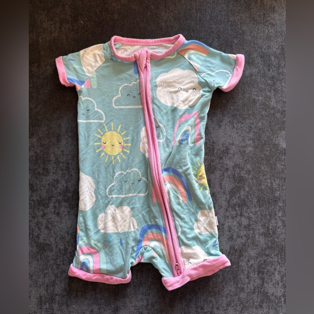 Little Sleepies Blue Cloud & Rainbow Short Sleeve Pajama Romper with Pink Trim